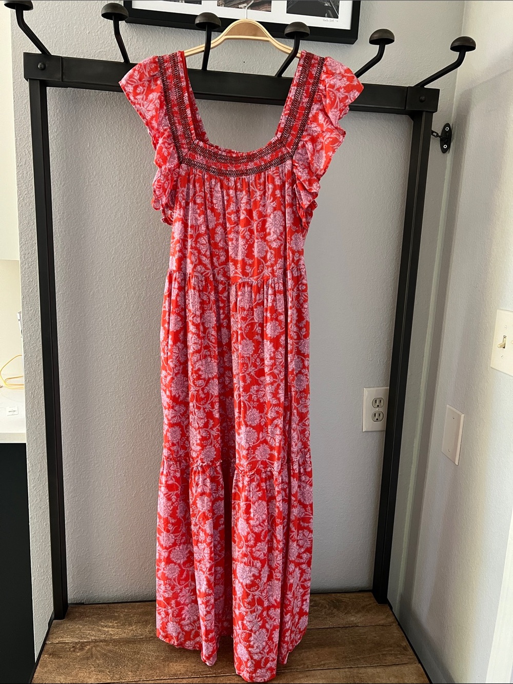Free People Red & Pink Floral Maxi Dress with Smocked Bodice